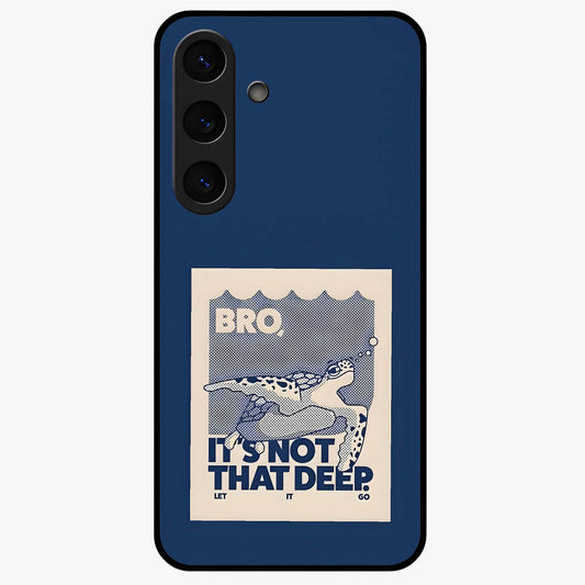 Worry Less Swim Glass Case showing flat back view with playful motivational artwork and glossy glass finish.