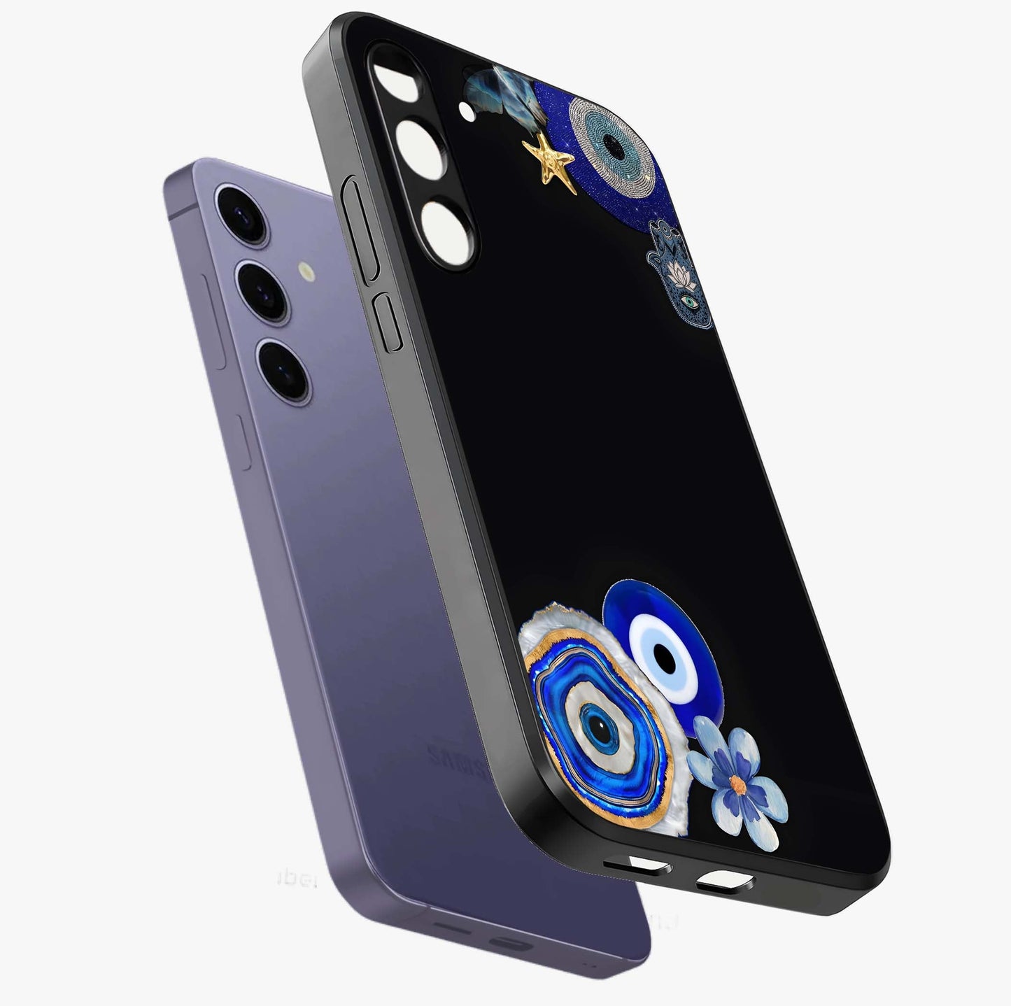 Aesthetic Blue Evil Eye Glass Case displayed in angled mockup highlighting blue evil eye symbol and spiritual aesthetic design.