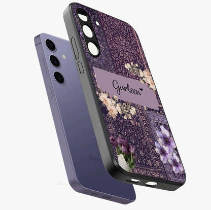 Antique Floral Whisper Custom Name Glass Case displayed in angled mockup highlighting elegant antique floral aesthetic.