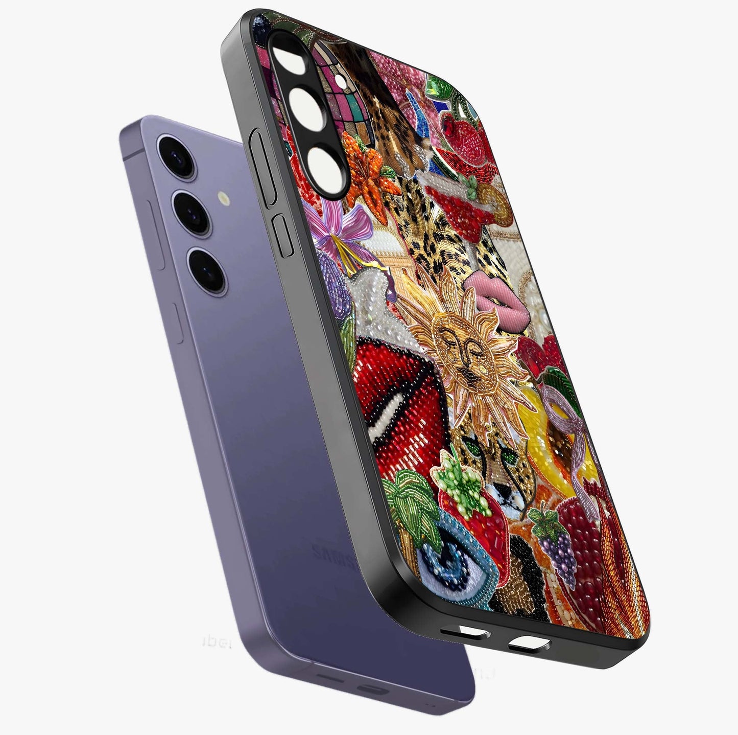 Beaded Fashion Jungle Glass Case displayed in angled mockup highlighting colorful fashion bead design and artistic pattern.