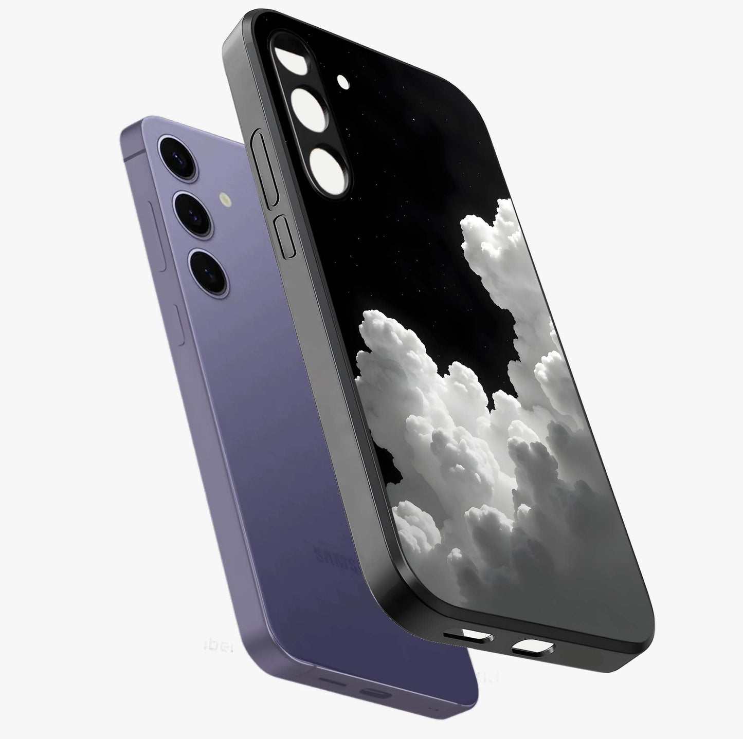 Black Background With White Cloud Glass Case displayed in angled mockup highlighting soft white cloud illustration and minimal design.