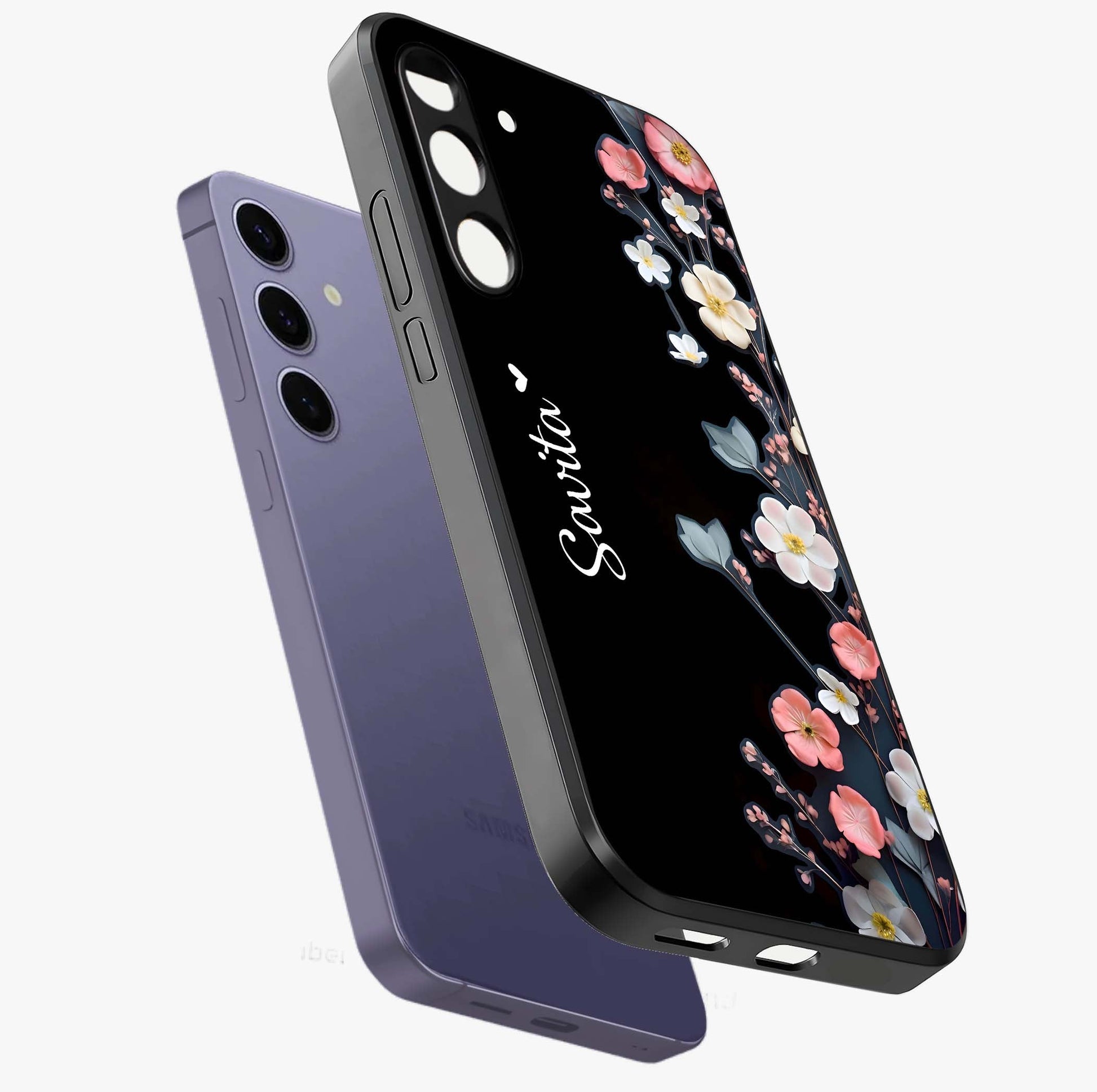 Black Elegance Floral Custom Name Glass Case displayed in angled mockup highlighting dark floral aesthetic and custom name feature.