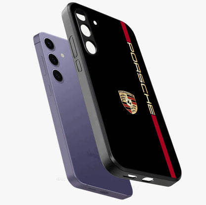 Black Minimal Porsche Glass Case displayed in angled mockup highlighting modern minimal car illustration and clean aesthetic design.