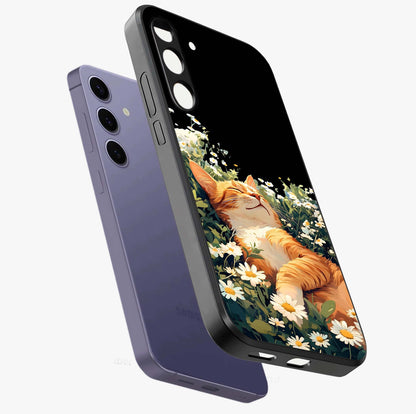 Blissful Bloom Cat Glass Case displayed in angled mockup highlighting playful feline illustration with soft floral aesthetic.