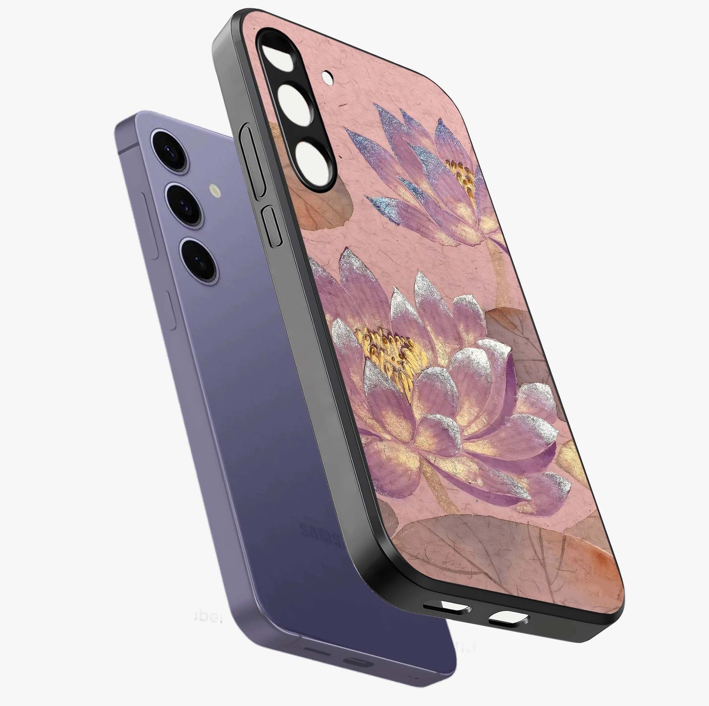Blossom Mist Lotus Glass Case displayed in angled mockup highlighting delicate lotus illustration with calm aesthetic theme.