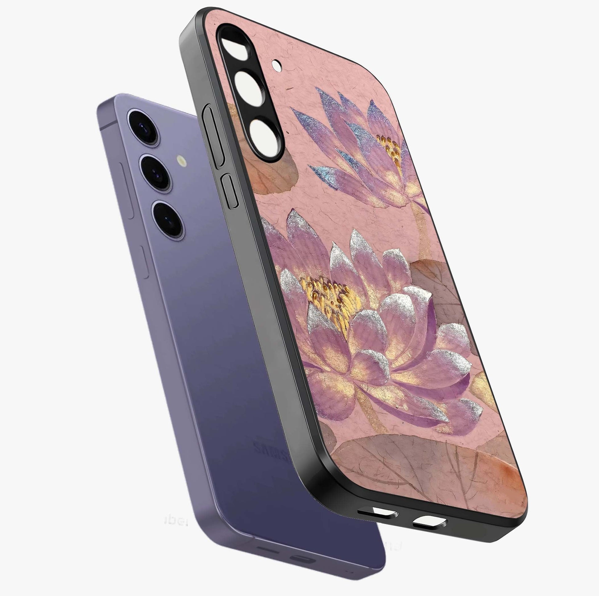 Blossom Mist Lotus Glass Case displayed in angled mockup highlighting delicate lotus illustration with calm aesthetic theme.