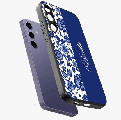 Blue Vintage Floral Pattern Glass Case displayed in angled mockup highlighting subtle bloom pattern with aesthetic pastel design.