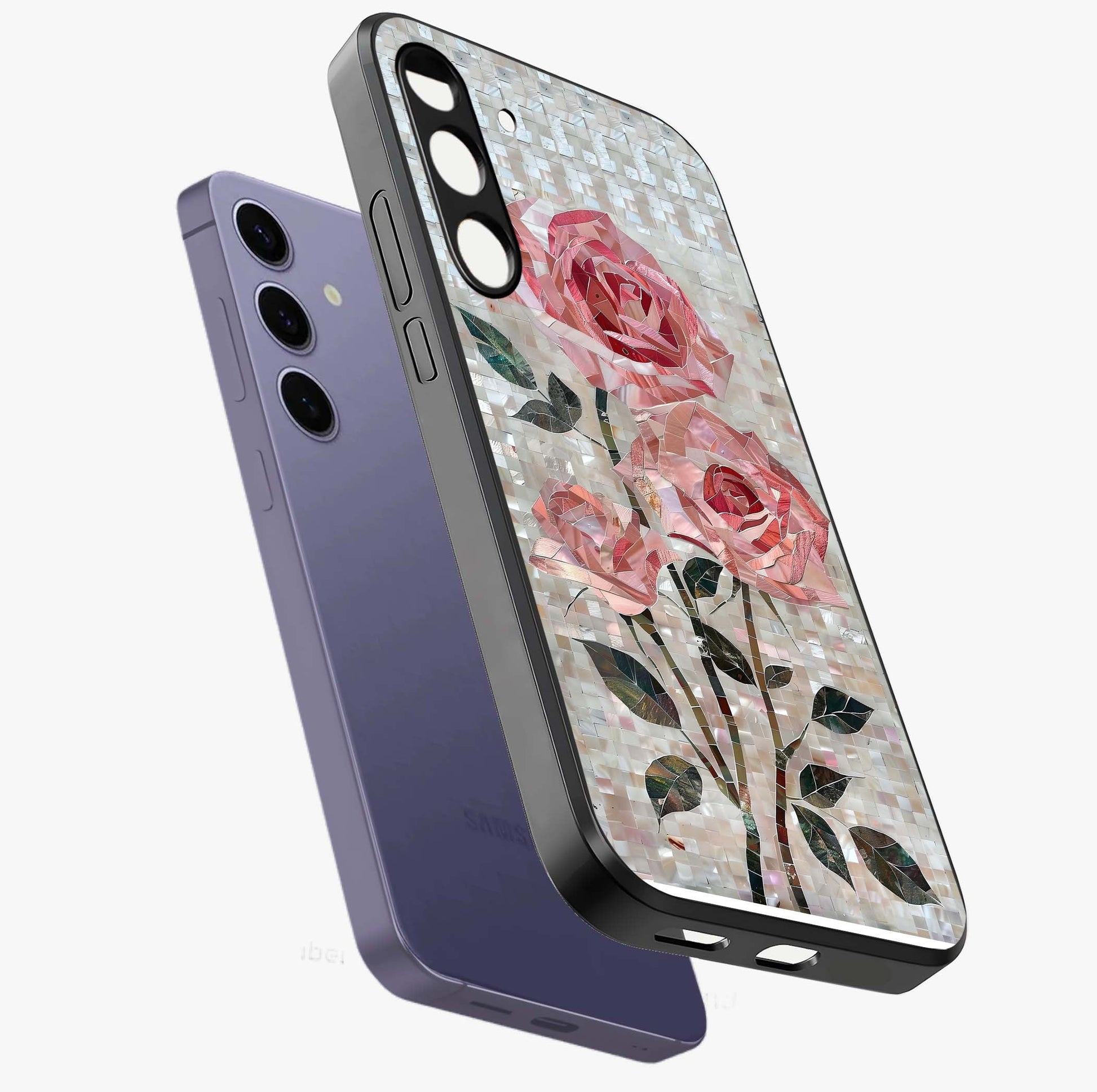 Blush Mosaic Bloom Glass Case displayed in angled mockup highlighting artistic mosaic flower pattern with aesthetic design.