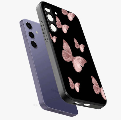 Butterfly Pattern Glass Case displayed in angled mockup highlighting delicate butterfly design and aesthetic pattern style.