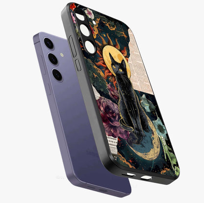 Celestial Black Cat Glass Case displayed in angled mockup highlighting cosmic black cat design with celestial aesthetic.