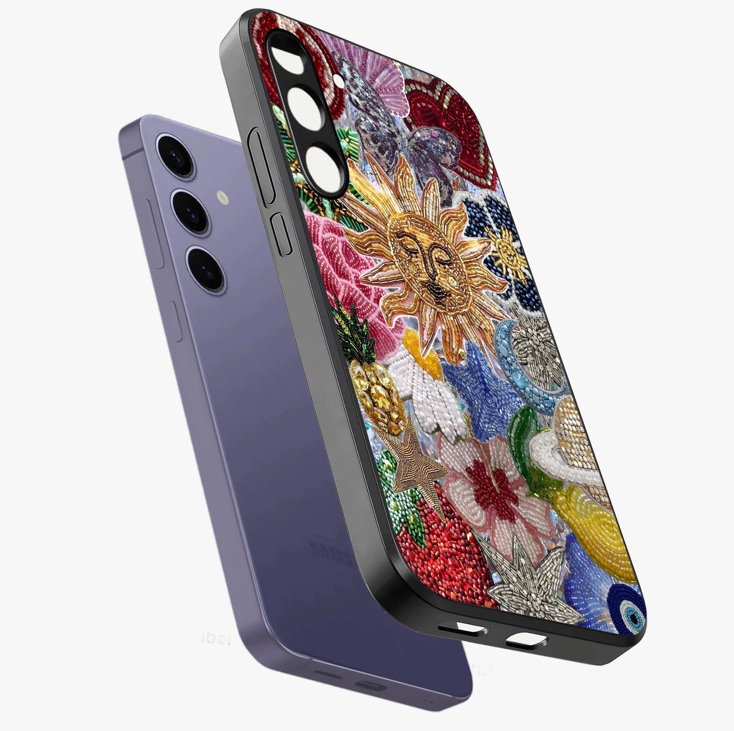 Celestial Floral and Playful Glass Case displayed in angled mockup highlighting playful floral design with dreamy celestial elements.