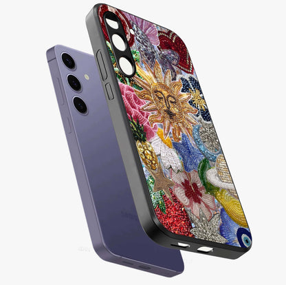 Celestial Floral and Playful Glass Case displayed in angled mockup highlighting playful floral design with dreamy celestial elements.