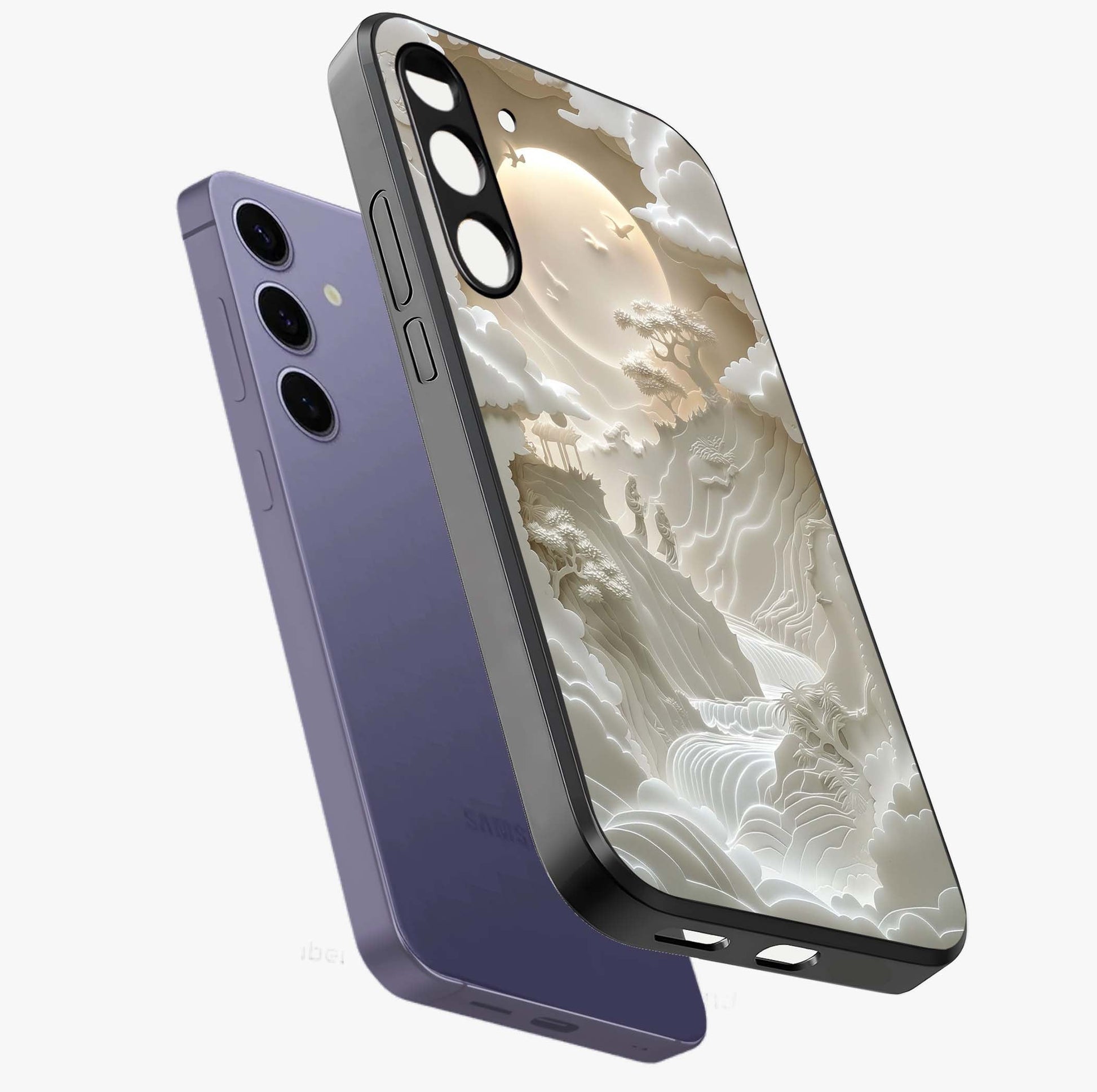 Celestial Origami Glass Case displayed in angled mockup highlighting geometric origami design with cosmic aesthetic theme.