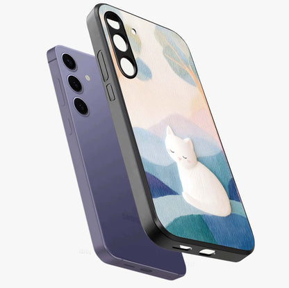 Cotton Dream Cat Glass Case displayed in angled mockup highlighting cute feline illustration with pastel aesthetic style.