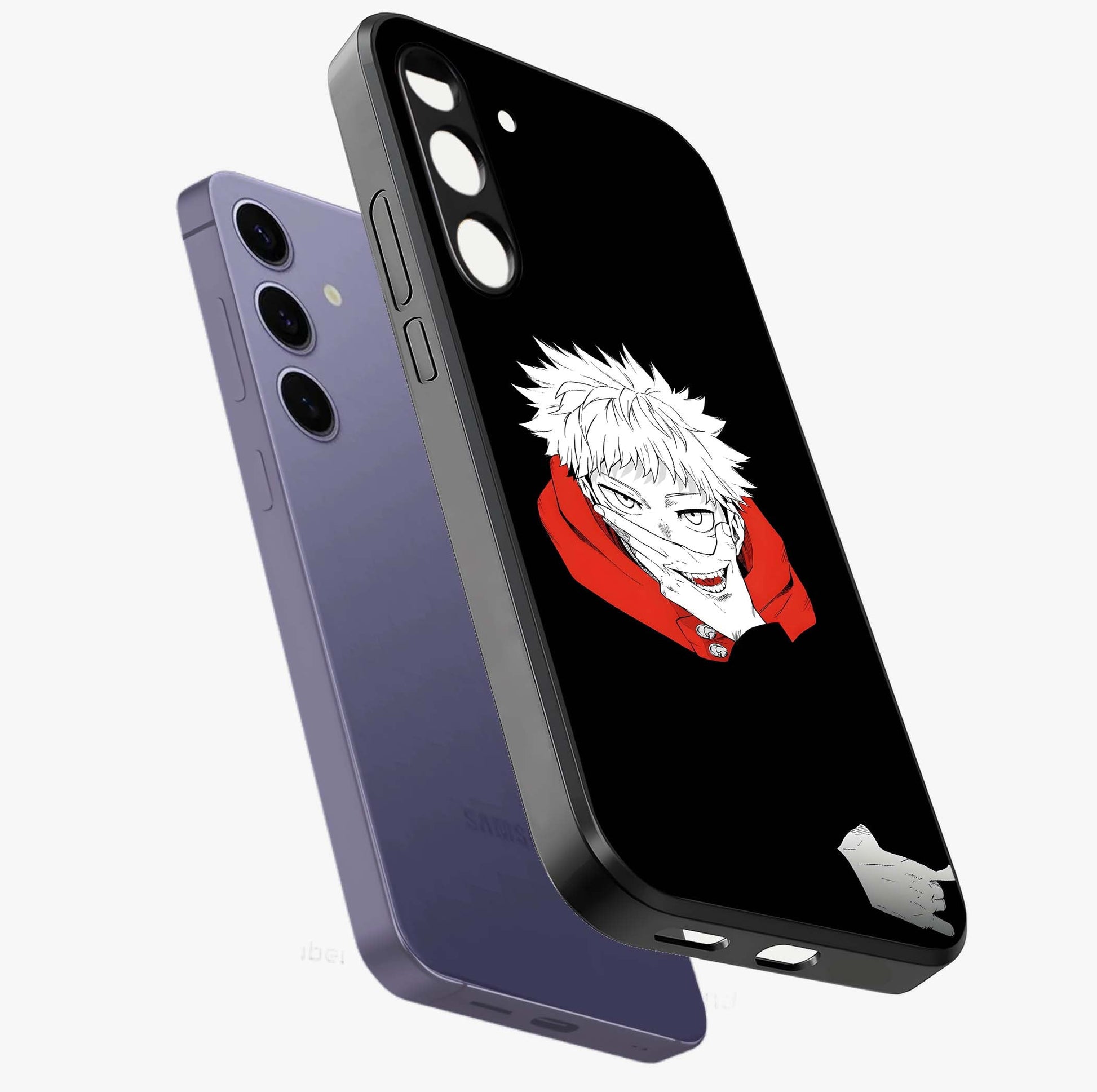 Crimson Chaos Smile Glass Case displayed in angled mockup highlighting edgy crimson smile design with graphic aesthetic.