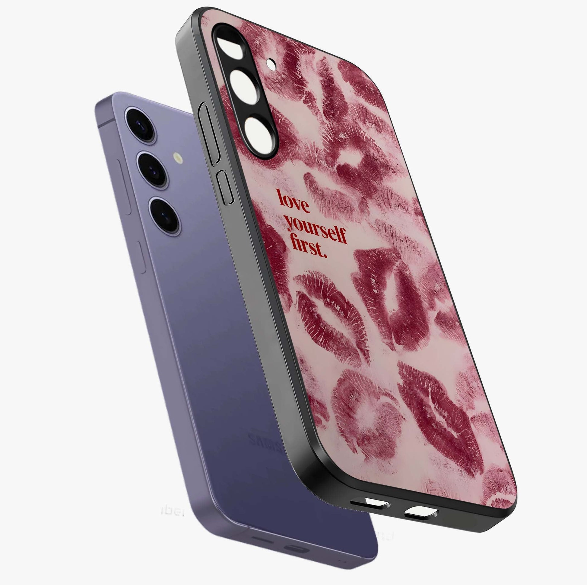 Crimson Kiss Love Glass Case displayed in angled mockup highlighting bold love inspired design with modern aesthetic style.