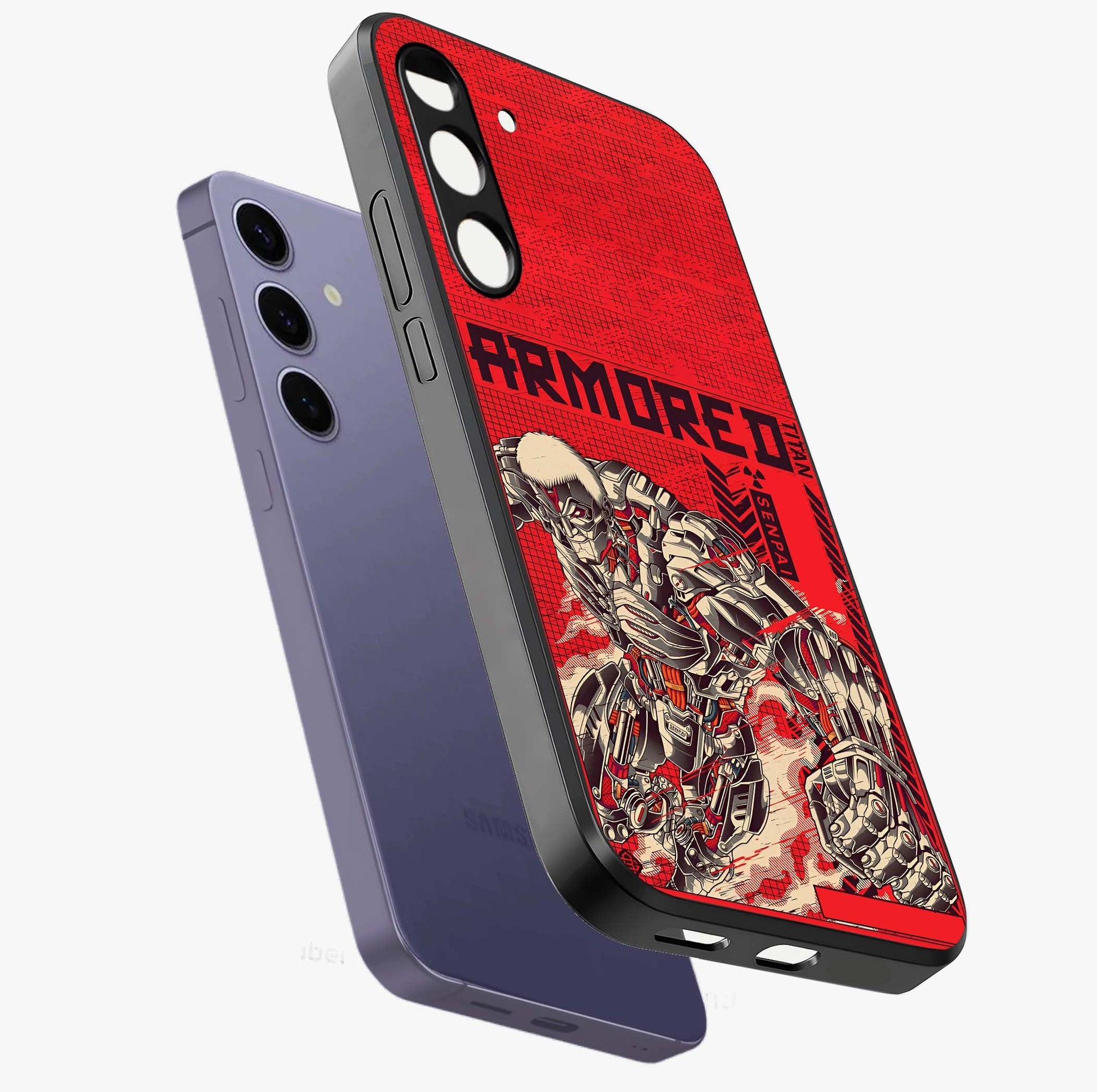 Crimson Mecha Titan Glass Case displayed in angled mockup highlighting futuristic mech illustration with bold crimson aesthetic.