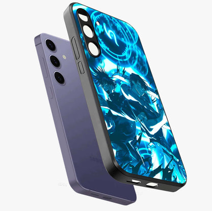 Cursed Energy Clash Glass Case displayed in angled mockup highlighting powerful battle inspired graphic with anime style aesthetic.