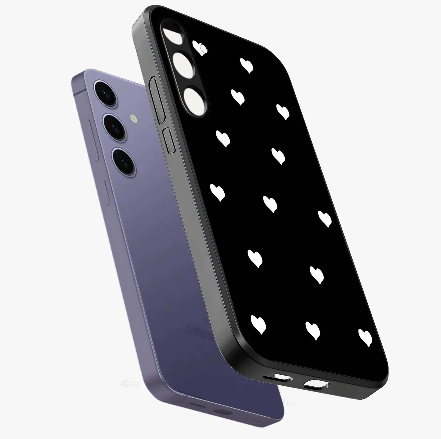 Cute And Simple White Hearts Glass Case displayed in angled mockup highlighting cute heart design with clean aesthetic style.