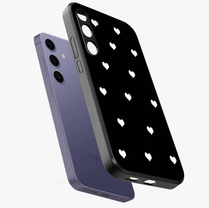 Cute And Simple White Hearts Glass Case displayed in angled mockup highlighting cute heart design with clean aesthetic style.