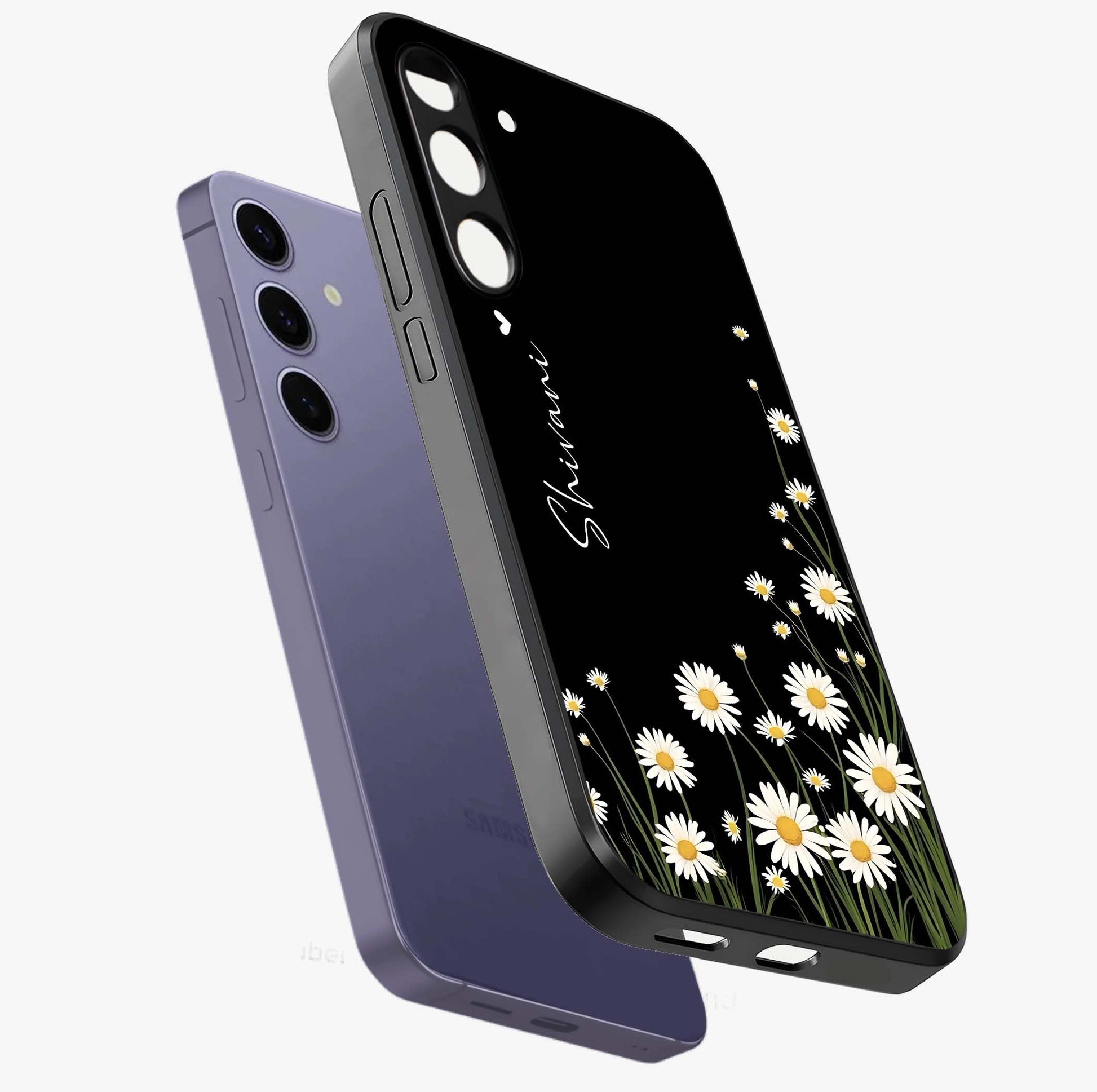 Daisy Cascade Custom Name Glass Case displayed in angled mockup highlighting delicate daisy artwork with custom name feature.