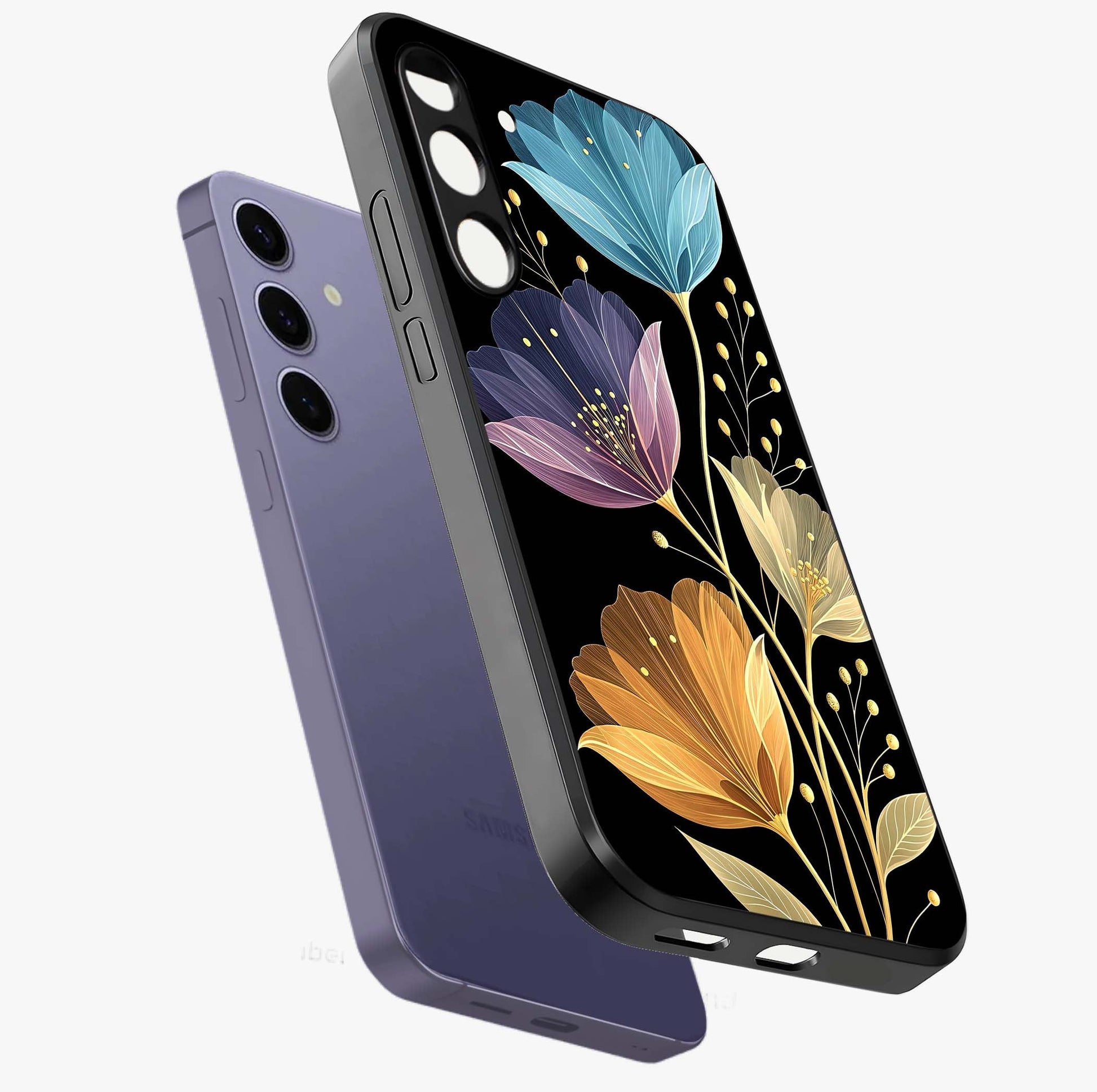 Delicate Multicolor Flowers Glass Case displayed in angled mockup highlighting colorful flower pattern with soft aesthetic style.