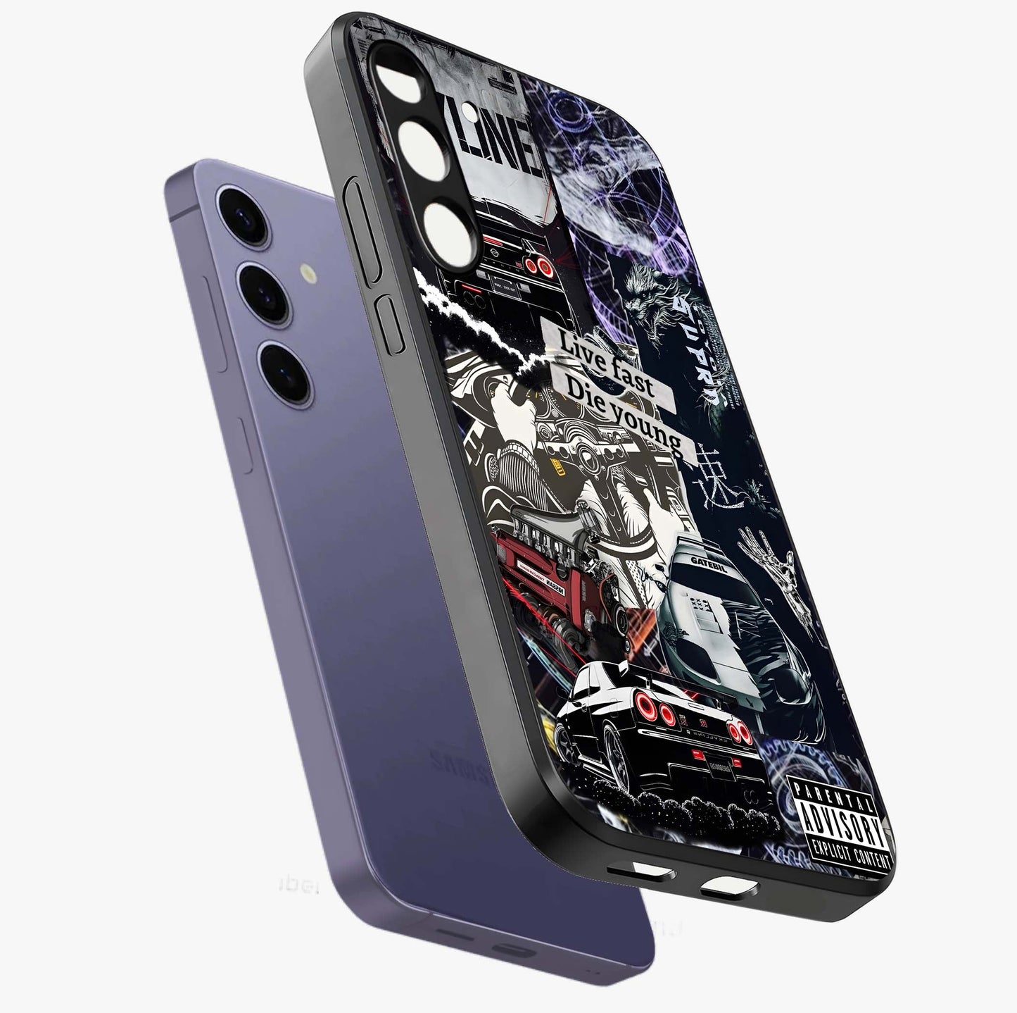 Die Young Glass Case displayed in angled mockup highlighting expressive graphic artwork with edgy aesthetic style.