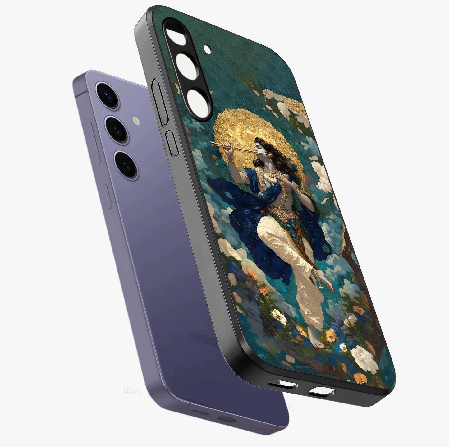 Divine Krishna Art Glass Case displayed in angled mockup highlighting spiritual Krishna illustration with devotional aesthetic.