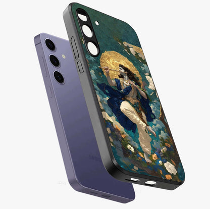 Divine Krishna Art Glass Case displayed in angled mockup highlighting spiritual Krishna illustration with devotional aesthetic.