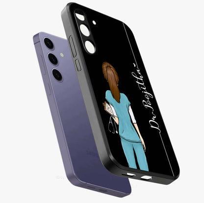 Doctor Pattern Custom Name Glass Case displayed in angled mockup highlighting doctor inspired artwork with custom name feature.