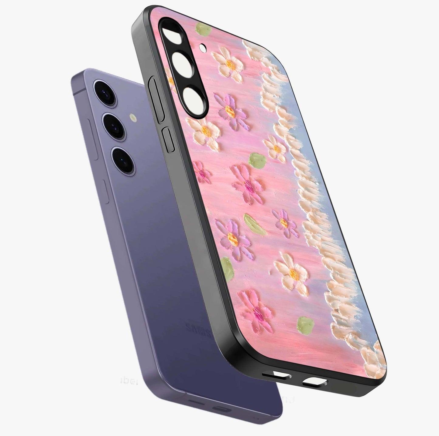 Dreamy Painted Garden Glass Case displayed in angled mockup highlighting colorful garden illustration with dreamy aesthetic style.