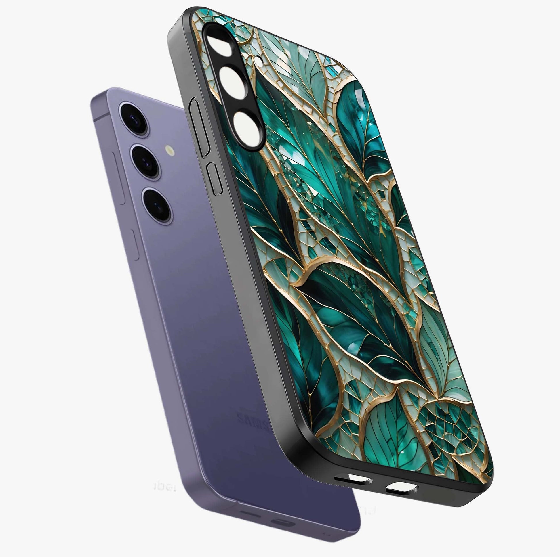 Emerald Leaf Glass Glass Case displayed in angled mockup highlighting botanical leaf illustration with elegant natural aesthetic.