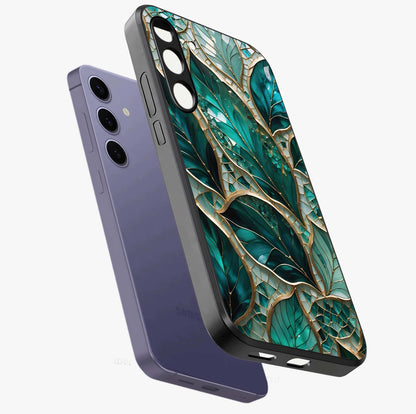 Emerald Leaf Glass Glass Case displayed in angled mockup highlighting botanical leaf illustration with elegant natural aesthetic.