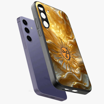 Eternal Golden Glow Glass Case displayed in angled mockup highlighting glowing golden aesthetic design with elegant style.