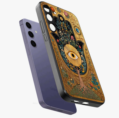 Ethereal Evil Eye Glass Case displayed in angled mockup highlighting protective evil eye symbol with spiritual aesthetic design.