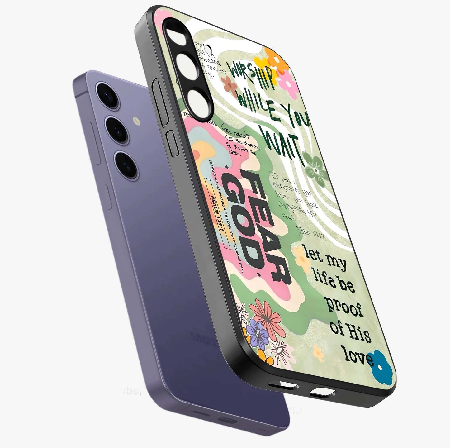 Faith Over Fear Glass Case displayed in angled mockup highlighting inspirational message design with modern aesthetic style.
