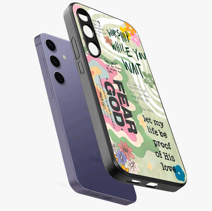 Faith Over Fear Glass Case displayed in angled mockup highlighting inspirational message design with modern aesthetic style.