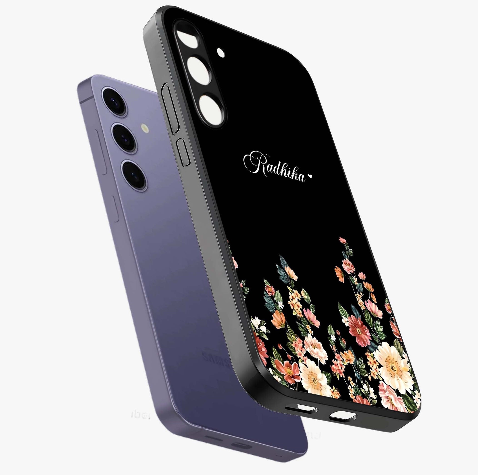Floral Design With a Custom Personalized Name Glass Case displayed in angled mockup highlighting elegant floral pattern with custom name feature.