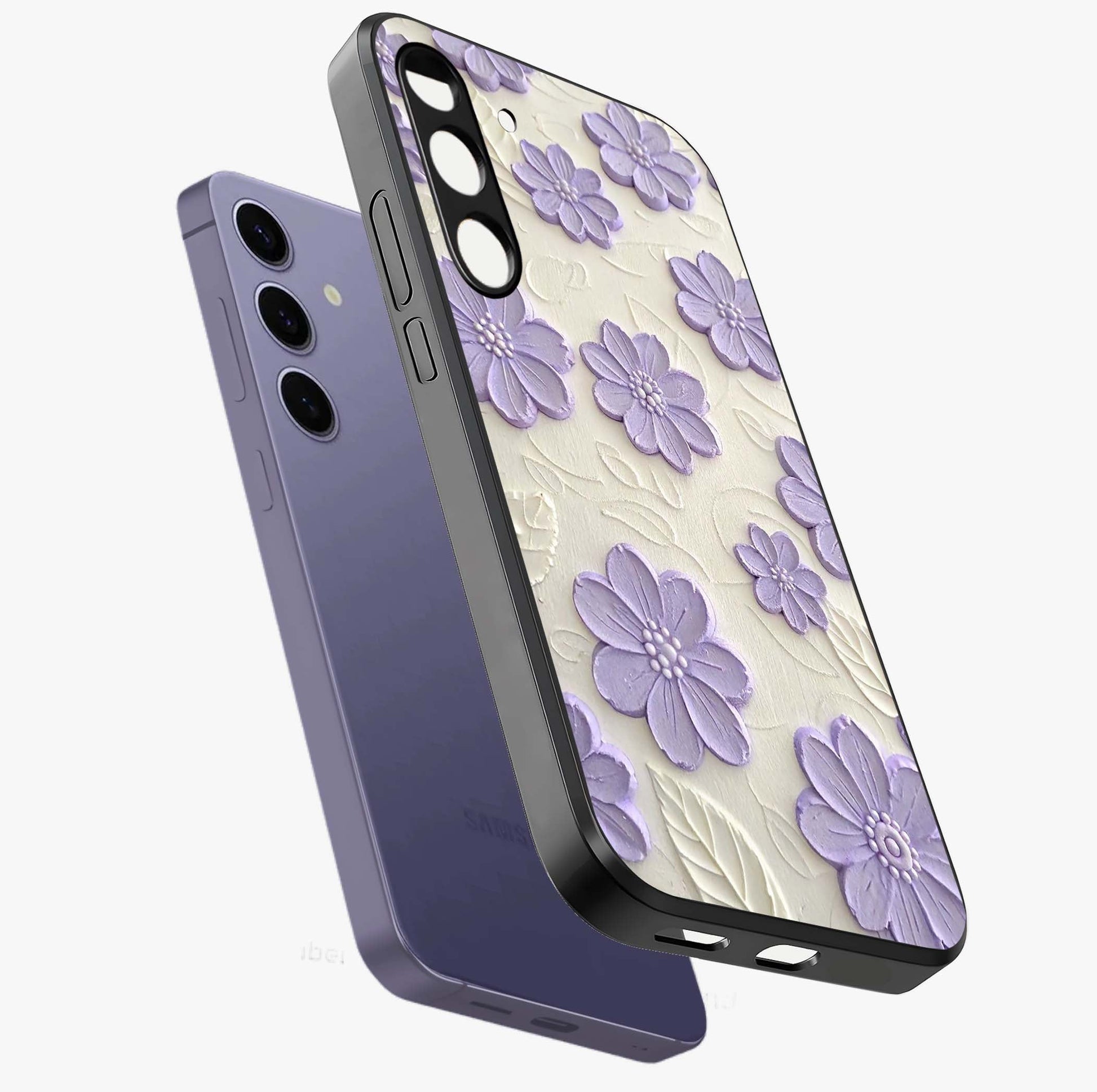 Floral Wall Art With Purple Flowers Glass Case displayed in angled mockup highlighting vibrant purple floral illustration with artistic aesthetic.