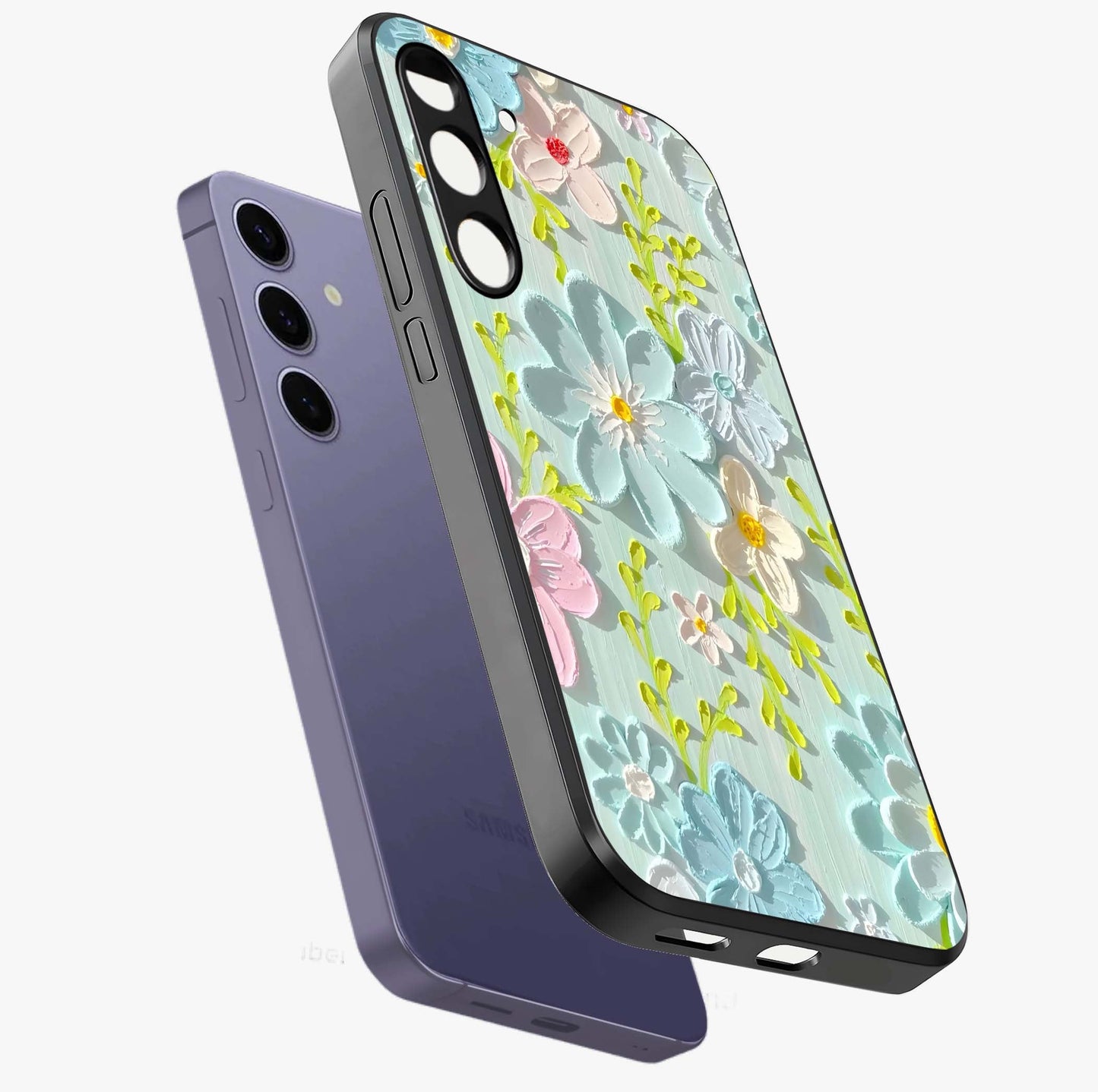 Frosted Petal Garden Glass Case displayed in angled mockup highlighting delicate flower petal design with calm garden aesthetic.