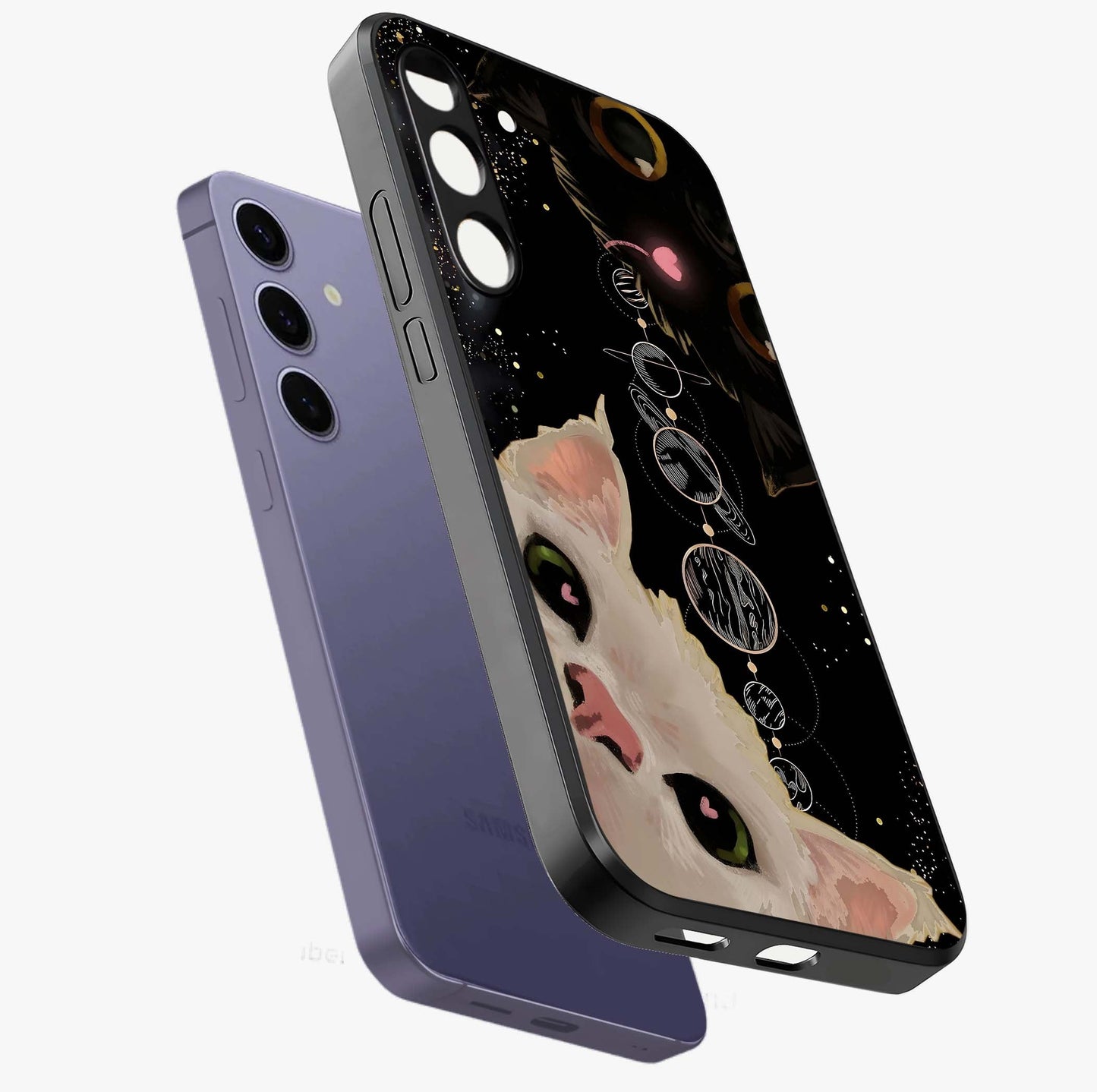 Galactic Cat Glass Case displayed in angled mockup highlighting celestial feline illustration with galaxy aesthetic style.