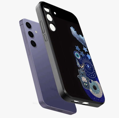 Galactic Charm Cluster Glass Case displayed in angled mockup highlighting luminous galaxy inspired design with dreamy aesthetic.