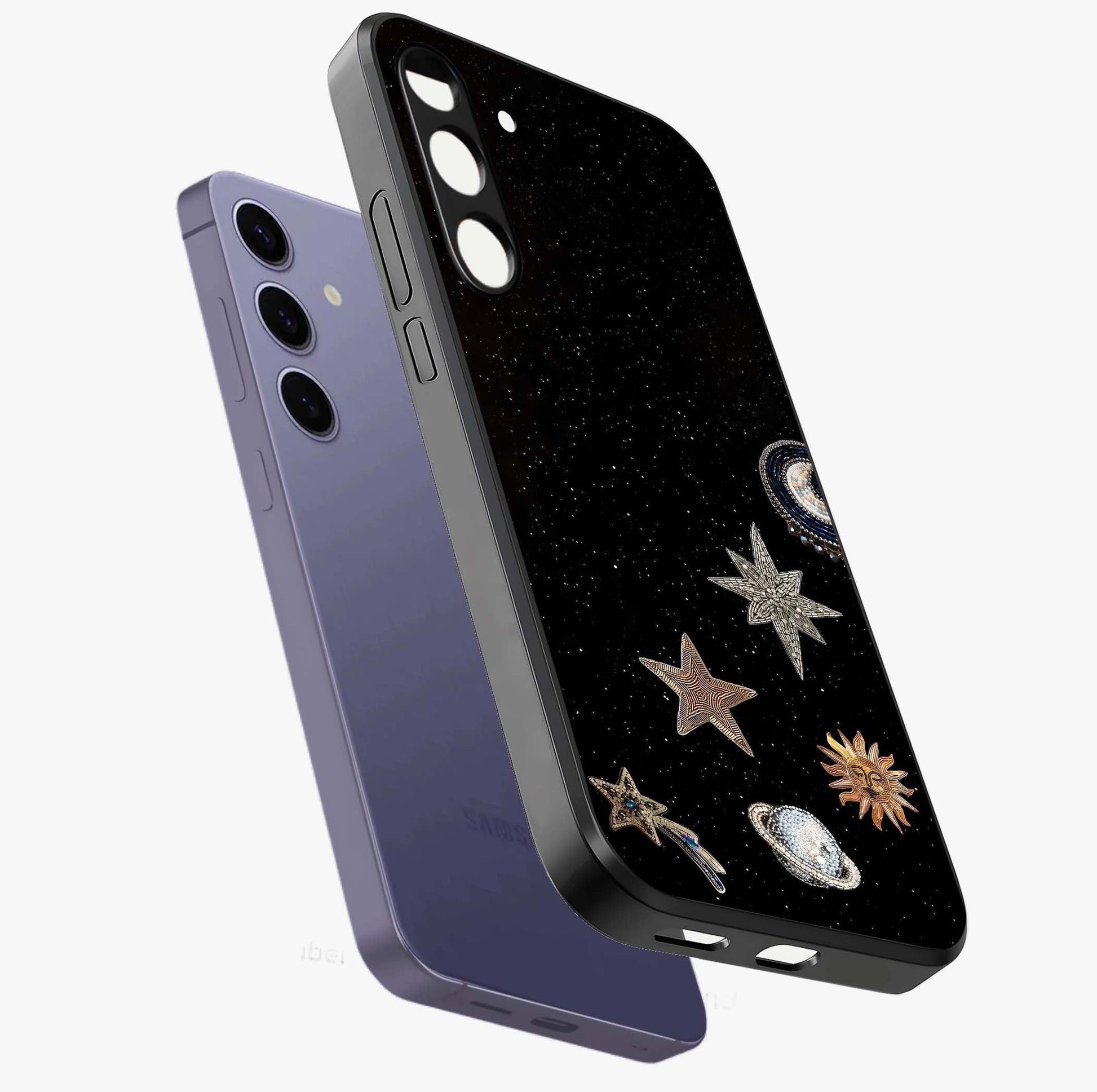 Galactic Charm Glow Glass Case displayed in angled mockup highlighting luminous galaxy inspired design with dreamy aesthetic.