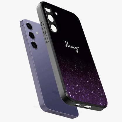 Glittery Purple Bokeh Custom Name Glass Case displayed in angled mockup highlighting glitter bokeh pattern with custom name feature.
