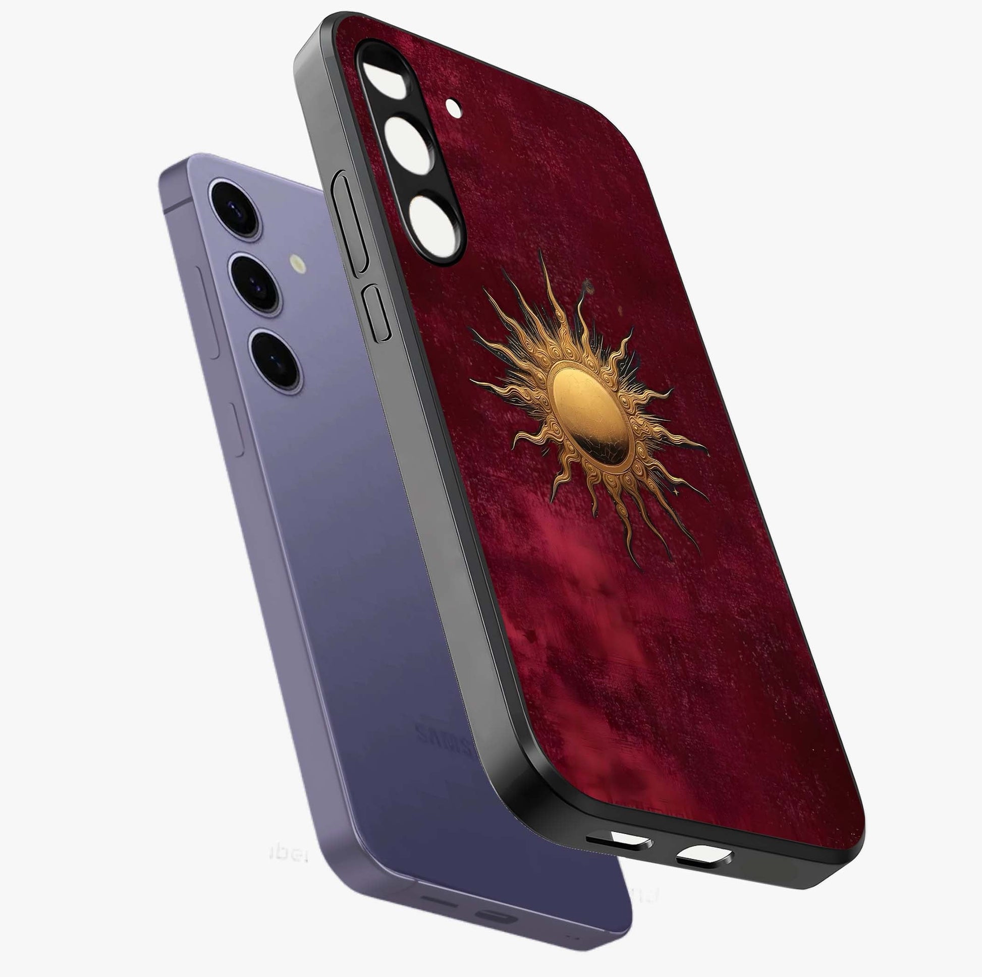 Golden Sun Minimalism Glass Case displayed in angled mockup highlighting clean sun symbol design with modern minimal aesthetic.