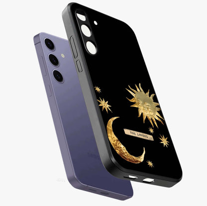 Gold Sun Blush Glass Case displayed in angled mockup highlighting radiant sun design with warm golden aesthetic.