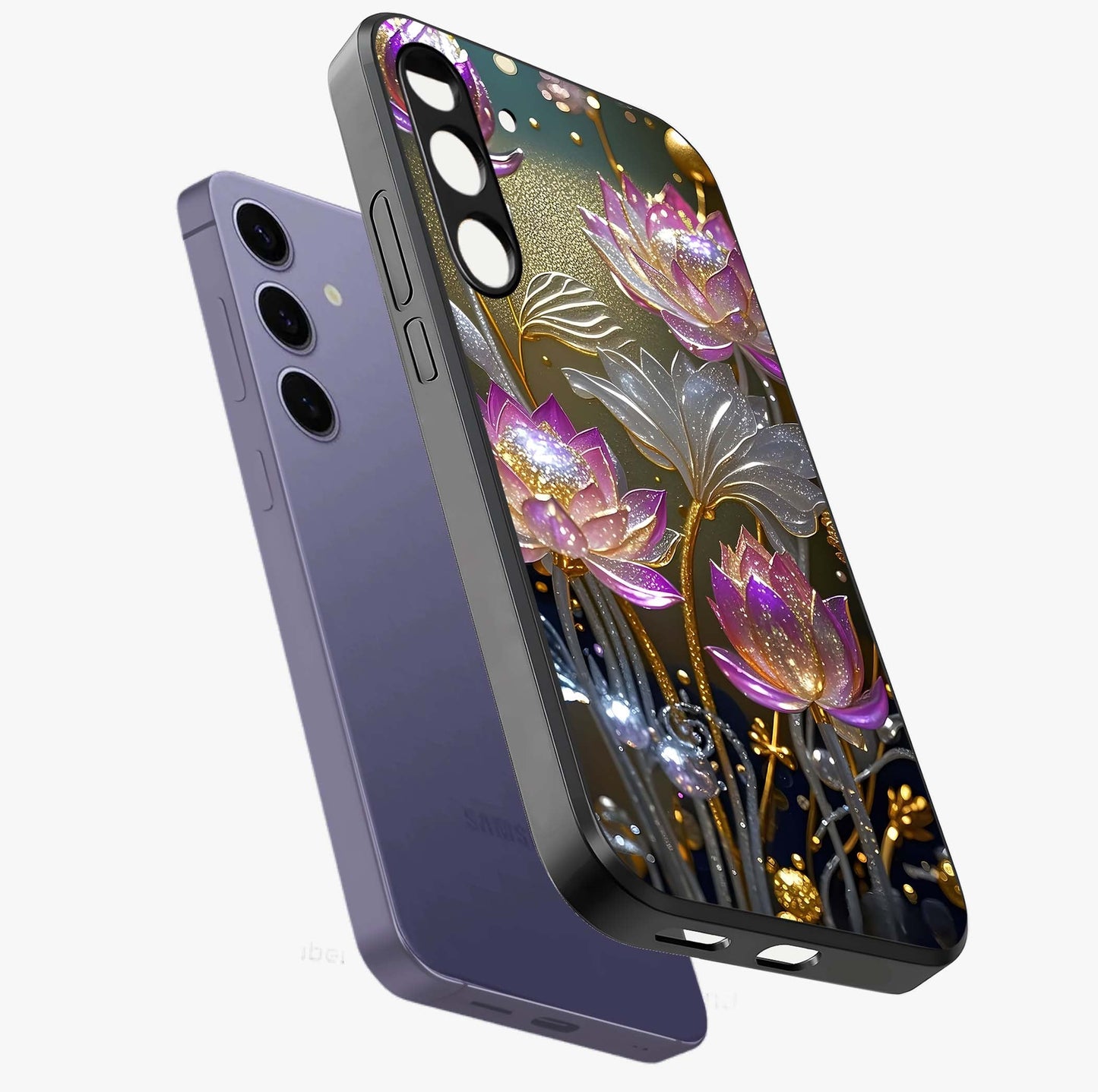 Golden Floral Majesty Glass Case displayed in angled mockup highlighting elegant flower design with royal golden aesthetic.