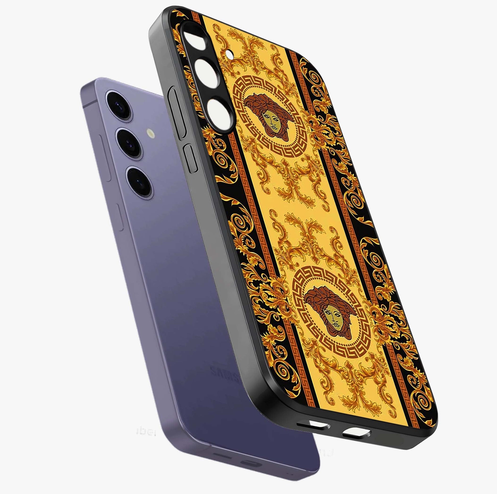 Golden Lotus Glow Glass Case displayed in angled mockup highlighting radiant lotus illustration with spiritual aesthetic.