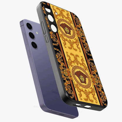 Golden Lotus Glow Glass Case displayed in angled mockup highlighting radiant lotus illustration with spiritual aesthetic.