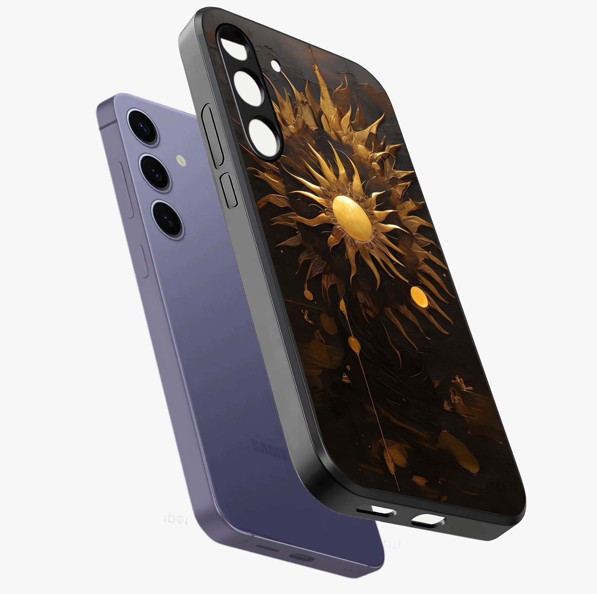 Golden Sun Majesty Glass Case displayed in angled mockup highlighting eerie shadow illustration with gothic aesthetic.